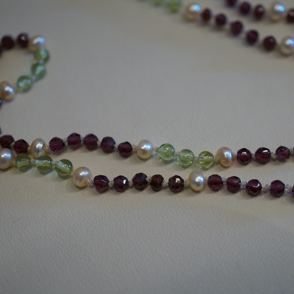 34" Genuine Pearl, Peridot & Garnet Bead Necklace - Picture 3 of 3